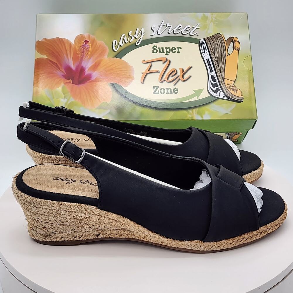 NEW Easy Street Devlin Black Slingback Espadrille Wedge Sandals Women Size 8.5 M - Picture 2 of 9